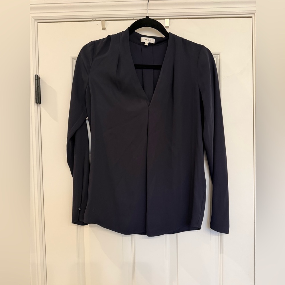 REISS Mapel Wrap Long Sleeve Top Navy V Neck Blouse Womens size US 0